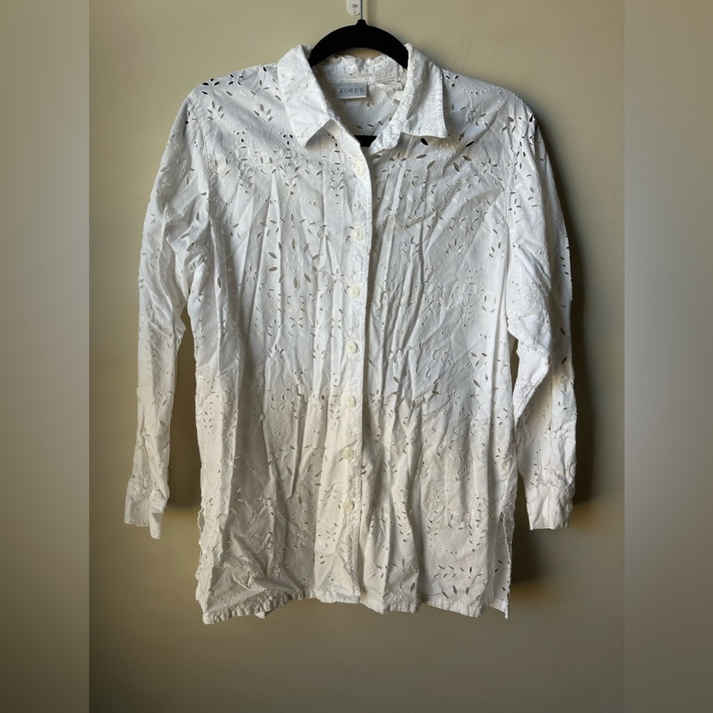 Koret Eyelet Lace Button Up Blouse White Long Sleeve Shirt Women’s Large
